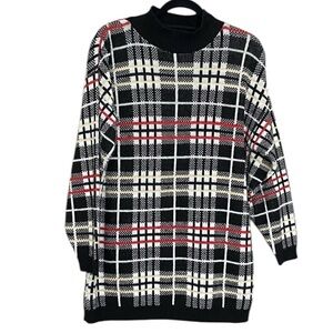Vintage Windowpane Plaid Grandpa‎ Sweater Black Red Gold Sparkle Eclectic Size L
